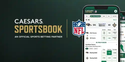 Caesars Sportsbook logo and 'An Official Sports Betting Partner' text are displayed on the left. On the right, a smartphone shows the Caesars Sportsbook app interface with NFL betting options, including a parlay builder, and an NFL logo.