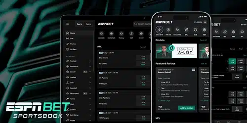 ESPN BET sportsbook showing betting platform layout on 3 different devices
