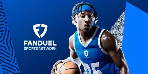 FanDuel Sports Network logo on a dark blue background with abstract white patterns. A basketball player in a blue jersey and headband is shown dribbling a basketball.