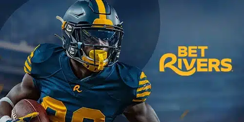 BetRivers sportsbook banner showing an athlete wearing a mask and holding a ball